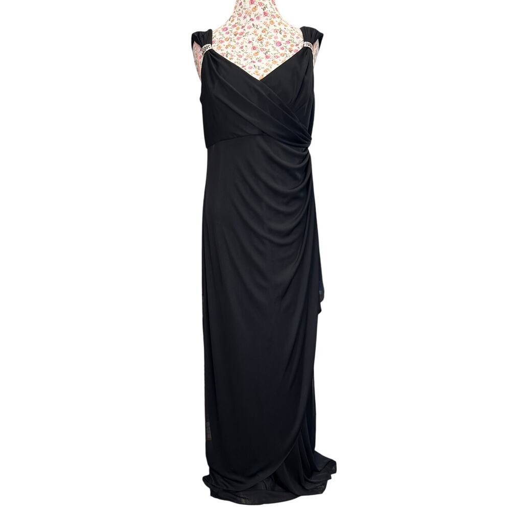 Alex Evenings Gown Black Chiffon Grecian Wrap Long Sleeveless Maxi Dress size 14